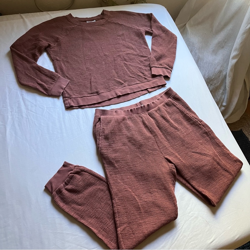 PARACHUTE rust apricot orange red thermal waffle knit long sleeve top pant set